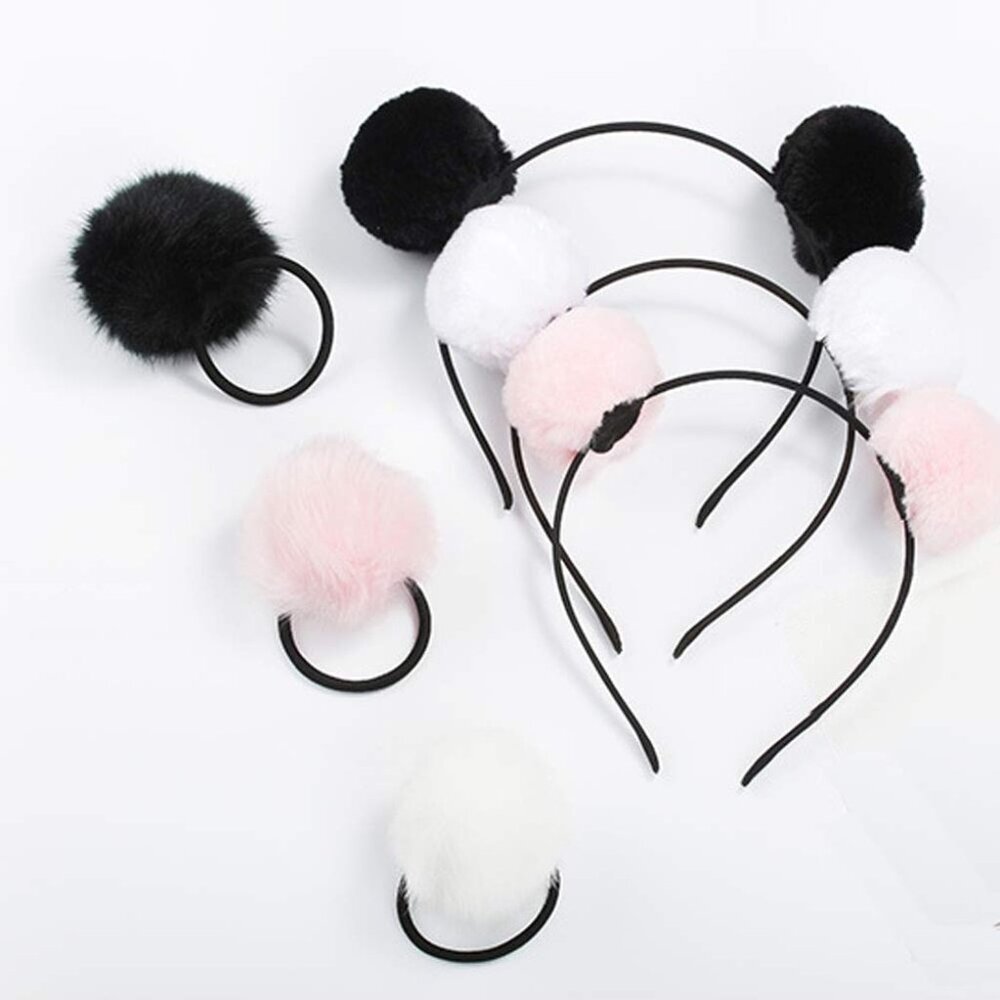 Fluffy Furry Pom-Ball Headbands and Elastic Hair Ties - 6 Pieces, 3 Pairs Fuzzy